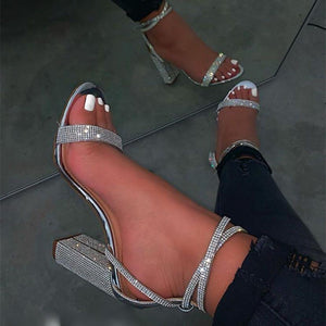 Women rhinestone sparkly ankle strap chunky sheels