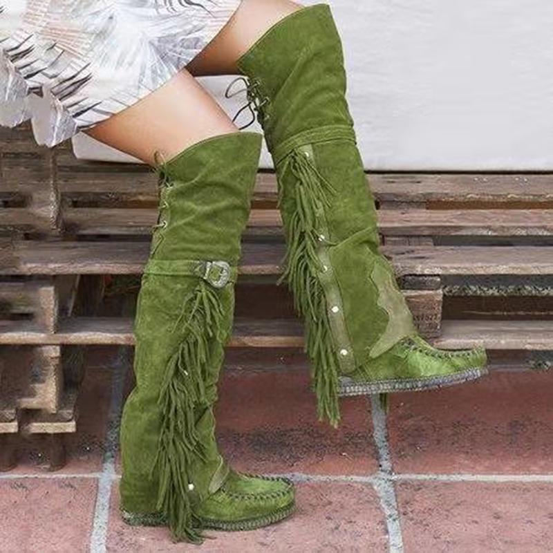 Women Flat Heel Over The Knee Buckle Strap Studded Fringe Boots