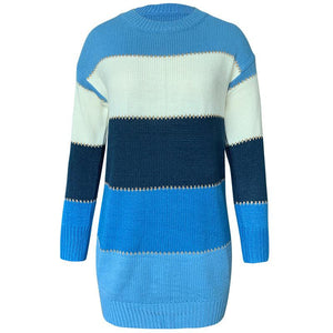 Women long dressy color block pullover crew neck sweater