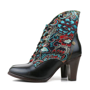 Women's vintage ethnic flower print ankle boots with zipper