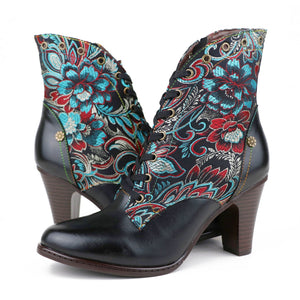 Women's vintage ethnic flower print ankle boots with zipper