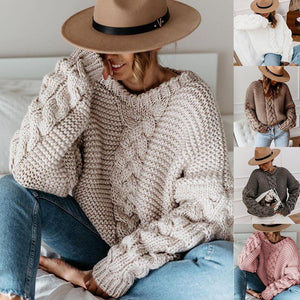 Women pullover v neck long sleeve cable knit sweater