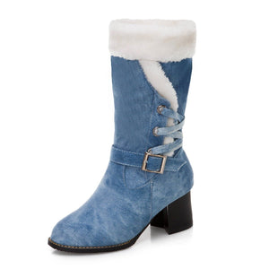 Women winter chunky heel buckle strap side zipper faux fur mid calf boots