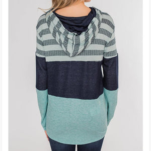 Women stripe printed drawstring long sleeve sports hoodied sweatshirt
