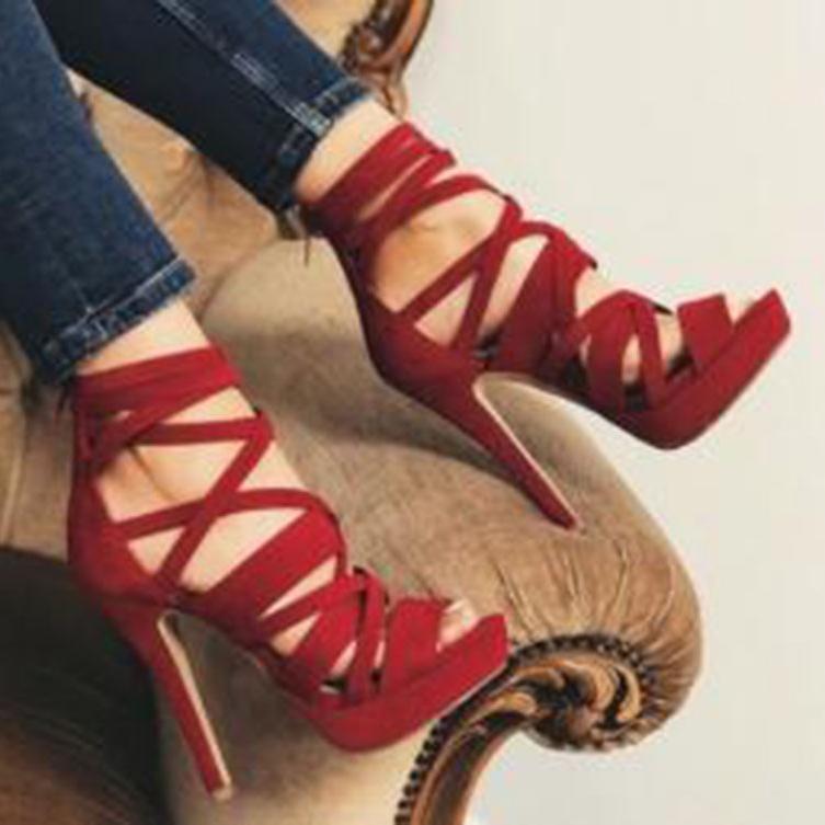 Women sexy peep toe criss cross lace up strappy heels