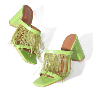 Women fringe two strap slide high chunky green heels