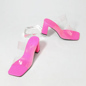 Women peep toe candy color two strap chunky clear heels