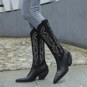 Women New Fashion Embroidery Chunky High Heel Pointed Toe Cowboy Boots