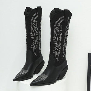 Women New Fashion Embroidery Chunky High Heel Pointed Toe Cowboy Boots