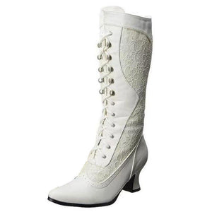 Women's vintage louis heels mid calf boots lace embroidery pointed toe elegant boots