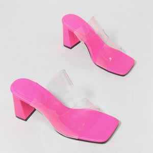 Women peep toe candy color two strap chunky clear heels