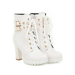 Women star studded buckle strap block high heel platoform boots