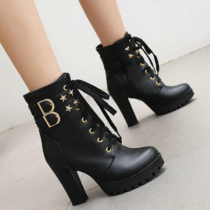 Women star studded buckle strap block high heel platoform boots