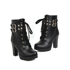 Women star studded buckle strap block high heel platoform boots