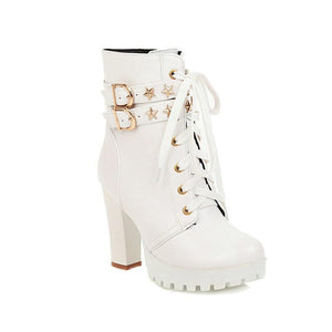 Women star studded buckle strap block high heel platoform boots