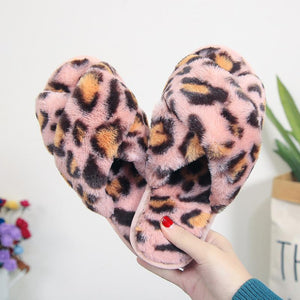 Women's fashion leopard criss cross slippers winter warm fluffy house shoes