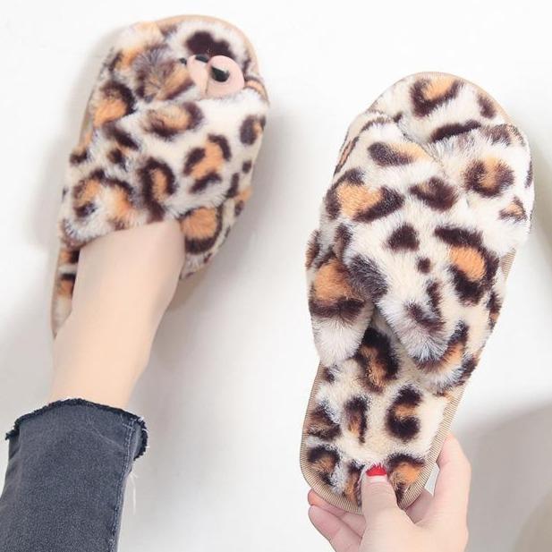 Women's fashion leopard criss cross slippers winter warm fluffy house shoes