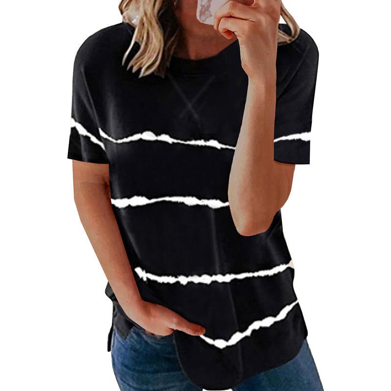 Women crew neck criss cross shot sleeve striped t shirt