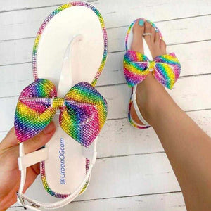 Women rainbow sparkly flat 
ankle strap bow sandals