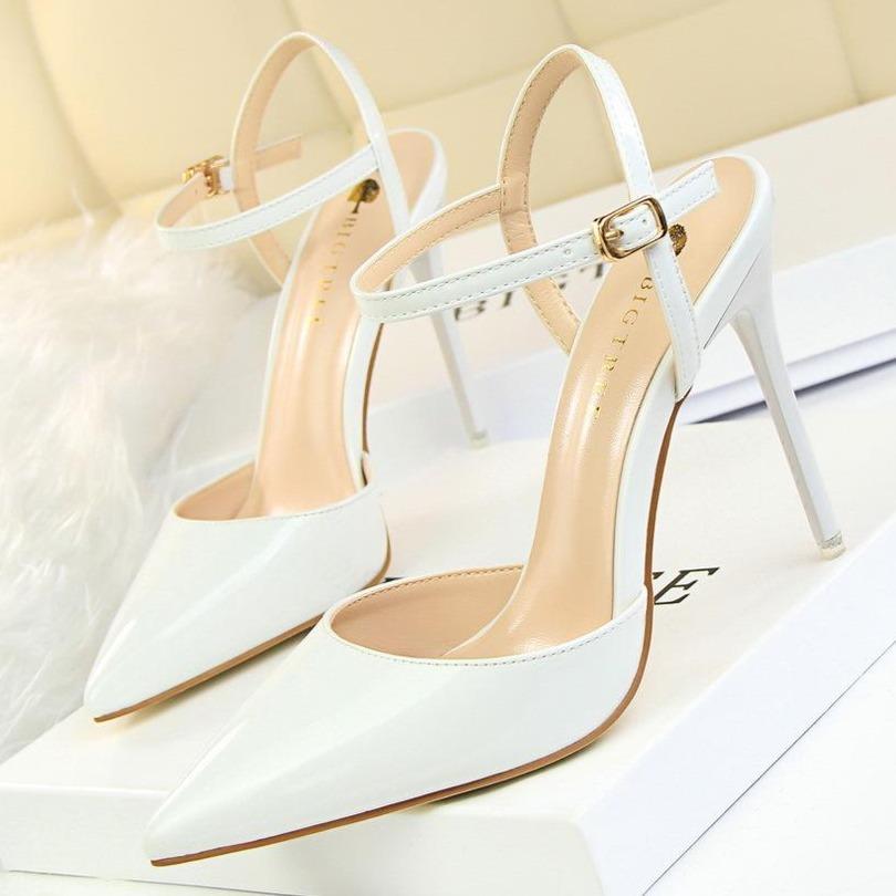 Women pointed toe ankle buckle strap slingback stiletto heels