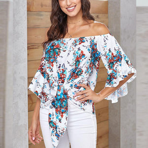 Women flare sleeve floral knot sexy off shoulder t shirt