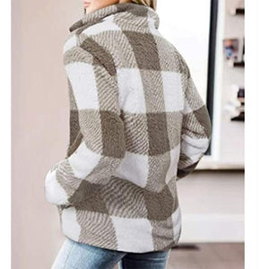 Women plaid chunky high neck faux fur quarter zip pullover