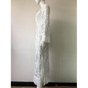 Women midi white lace flower fringe slit prom party dresses