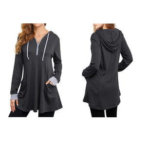 Women hoodie drawstring mid-long quarter zip pullover with pockets