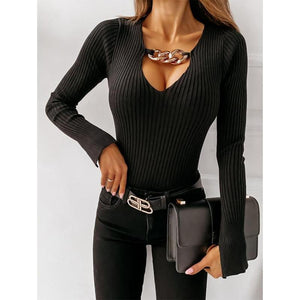 Women flare long sleeve chain d¨¦cor sexy v neck tops