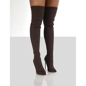 Women stiletto high heel pointed toe knit slip on over the knee boots