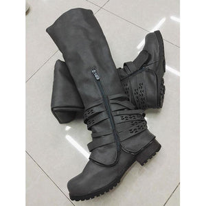 Women buckle strap hollow chunky heel side zipper knee high boots