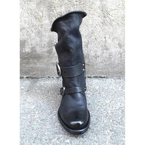 Women motorcycle chunky heel buckle strap mid calf boots
