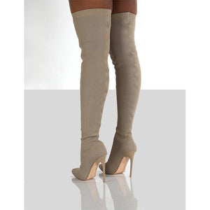 Women stiletto high heel pointed toe knit slip on over the knee boots