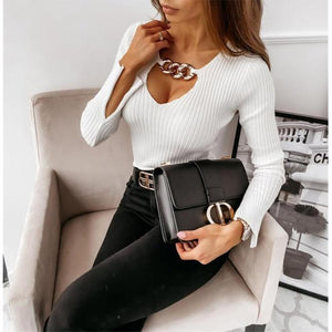Women flare long sleeve chain sexy v neck tops
