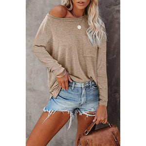 Women casual solid color long sleeve crew neck t shirt with pocket