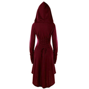 Female's Vintage Renaissance Costumes Hooded Robe Lace Up Dress | Front tie-up Hoodie Dress