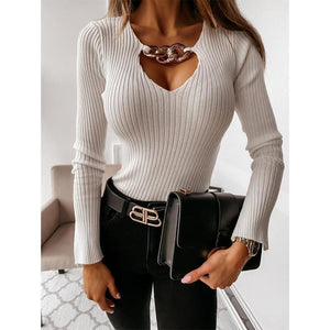 Women flare long sleeve chain sexy v neck tops