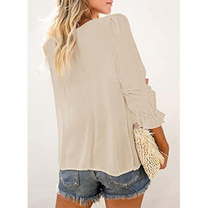 Women hollow flower solid color long sleeve v neck tops