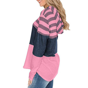 Women stripe printed drawstring long sleeve sports hoodied sweatshirt