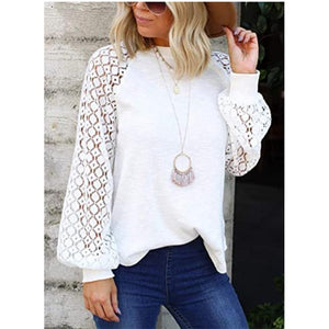 Women lace flower long sleeve crew neck white top