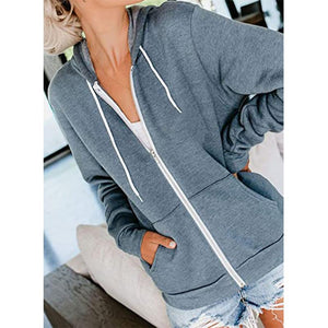 Women long sleeve zip up drawstring sports hoodie sweatshirt