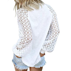 Women lace flower long sleeve crew neck white top