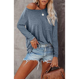 Women casual solid color long sleeve crew neck t shirt with pocket