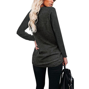 Women solid color crew neck long sleeve tops with pocket