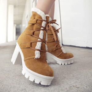 Women winter plush warm chunky heel platform short boots