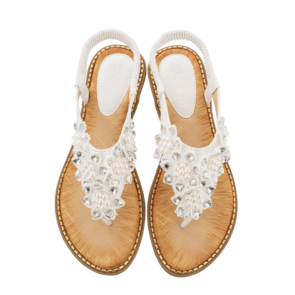 Women flower rhinestone bohemian beach elastic slip on flat sandals