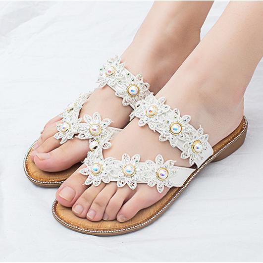 Women's boho lace floral flip flops beach slip on sandals