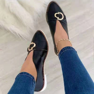 Fashion pointed toe metal buckle v cut slip on loafers women