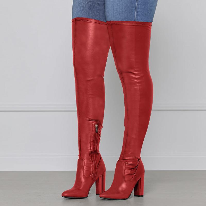 Women sexy pointed toe chunky heel over the knee boots