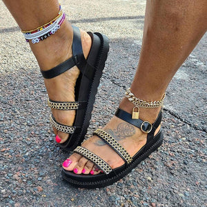 Women summer chain decor strap buckle slip on flat sandals